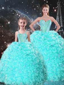On Sale Turquoise Quinceanera Dresses Military Ball and Sweet 16 and Quinceanera with Beading and Ruffles Sweetheart Sleeveless Lace Up