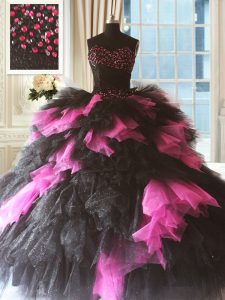 Lovely Pink And Black Ball Gowns Beading and Ruffles 15 Quinceanera Dress Lace Up Tulle Sleeveless Floor Length