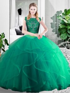 Turquoise Scoop Zipper Lace and Ruffles Sweet 16 Dresses Sleeveless