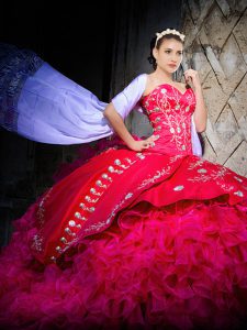 Wonderful Hot Pink Sweet 16 Quinceanera Dress Organza Brush Train Sleeveless Embroidery and Ruffles