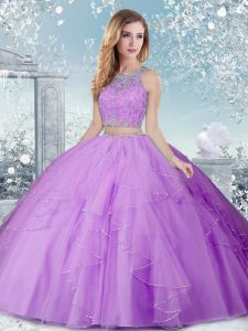 Sleeveless Tulle Floor Length Clasp Handle Quinceanera Dress in Lavender with Beading