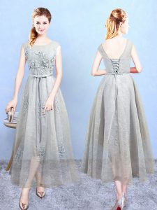 Amazing Ankle Length Lace Up Court Dresses for Sweet 16 Grey for Wedding Party with Appliques