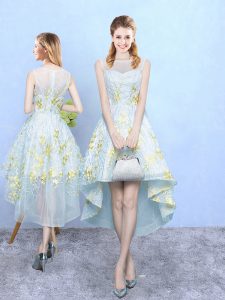 Apple Green Tulle Zipper Quinceanera Court Dresses Sleeveless High Low Appliques and Pattern