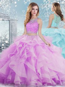 Lilac Scoop Clasp Handle Beading and Ruffles 15 Quinceanera Dress Sleeveless