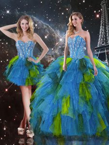 Multi-color Three Pieces Sweetheart Sleeveless Tulle Floor Length Lace Up Beading and Ruffles Sweet 16 Quinceanera Dress
