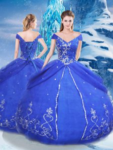 Blue Tulle Lace Up V-neck Short Sleeves Floor Length Quinceanera Dresses Appliques