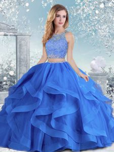 Royal Blue Scoop Neckline Beading and Ruffles Sweet 16 Dresses Long Sleeves Clasp Handle