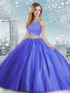 Fantastic Beading and Sequins Sweet 16 Dress Blue Clasp Handle Sleeveless Floor Length