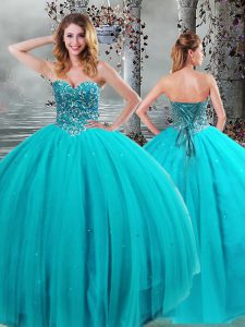 Sleeveless Tulle Floor Length Lace Up Sweet 16 Quinceanera Dress in Aqua Blue with Beading