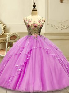 Colorful Sleeveless Floor Length Appliques Lace Up Quinceanera Gown with Lilac