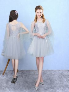 Beautiful Knee Length Lace Up Dama Dress Silver for Wedding Party with Lace
