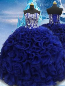 Graceful Royal Blue Lace Up Sweetheart Beading 15 Quinceanera Dress Fabric With Rolling Flowers Sleeveless