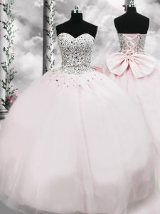 Decent Pink Sleeveless Beading and Bowknot Lace Up Sweet 16 Dresses