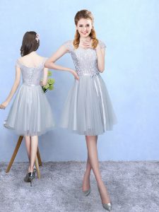 Knee Length Silver Court Dresses for Sweet 16 V-neck Cap Sleeves Lace Up
