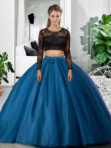 Beauteous Blue Backless Quinceanera Gown Lace and Ruching Long Sleeves Floor Length