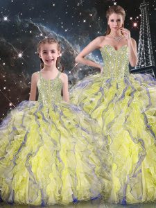 Yellow Lace Up Quinceanera Dresses Beading and Ruffles Sleeveless Floor Length
