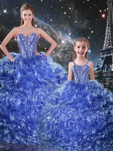 Top Selling Floor Length Lace Up 15 Quinceanera Dress Blue for Military Ball and Sweet 16 and Quinceanera with Beading and Ruffles