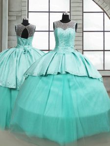 High Class Turquoise Ball Gowns Beading Sweet 16 Dress Lace Up Tulle Sleeveless