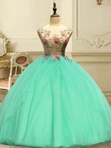 Floor Length Lace Up Sweet 16 Dresses Apple Green for Military Ball and Sweet 16 and Quinceanera with Appliques