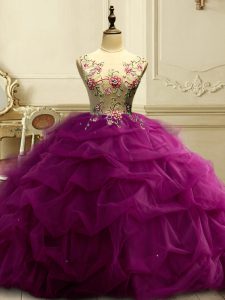 Fuchsia Ball Gowns Appliques and Ruffles and Sequins Quinceanera Gown Lace Up Organza Sleeveless Floor Length