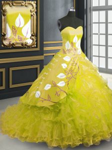 Glittering Yellow Sleeveless Organza Brush Train Lace Up Quinceanera Dress for Military Ball and Sweet 16 and Quinceanera