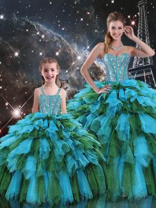Sleeveless Floor Length Beading and Ruffles and Ruffled Layers Lace Up Sweet 16 Dress with Multi-color