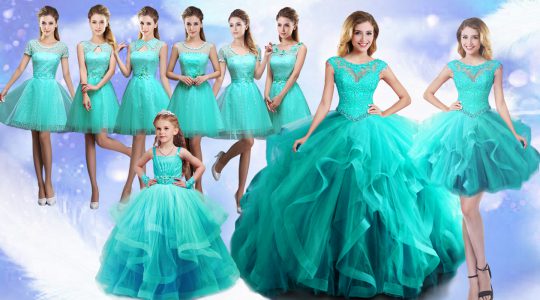 Deluxe Floor Length Turquoise Sweet 16 Dress Tulle Sleeveless Beading and Lace