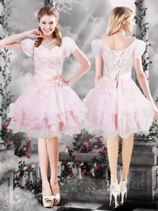 Enchanting V-neck Short Sleeves Lace Up Prom Evening Gown Baby Pink Organza