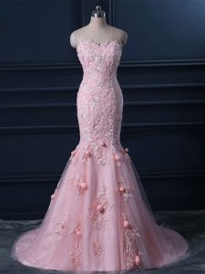 Baby Pink Sleeveless Tulle Brush Train Lace Up for Prom and Party and Military Ball