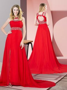 Fashion Chiffon Scoop Sleeveless Brush Train Backless Beading Prom Party Dress in Red