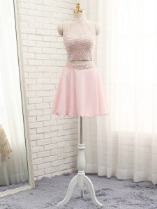 Trendy Pink Halter Top Zipper Beading Evening Dress Sleeveless