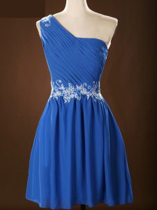Custom Design Blue One Shoulder Neckline Appliques and Ruching Quinceanera Court Dresses Sleeveless Zipper