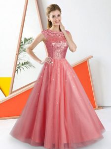 Charming Bateau Sleeveless Dama Dress Floor Length Beading and Lace Watermelon Red Tulle