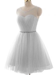 On Sale A-line Prom Gown Grey Scoop Tulle Sleeveless Mini Length Lace Up