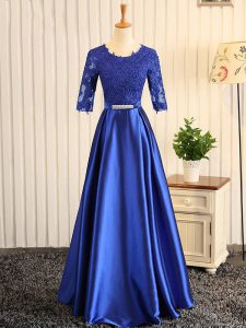 Inexpensive Embroidery and Belt Prom Party Dress Blue Zipper Half Sleeves Floor Length
