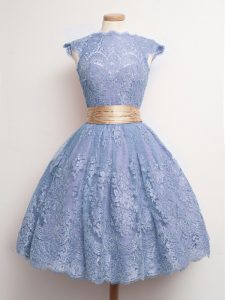 Extravagant Blue Ball Gowns Lace High-neck Cap Sleeves Belt Knee Length Lace Up Court Dresses for Sweet 16