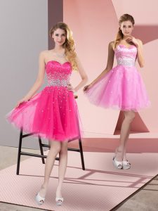 Deluxe Sweetheart Sleeveless Prom Evening Gown Mini Length Beading Hot Pink Tulle