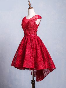 Attractive Lace Scoop Short Sleeves Lace Up Lace and Appliques and Belt Prom Gown in Red