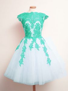 Attractive Scalloped Sleeveless Lace Up Quinceanera Dama Dress Multi-color Tulle
