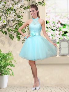 Excellent Aqua Blue Sleeveless Lace and Belt Knee Length Quinceanera Court of Honor Dress