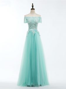 Deluxe Apple Green Short Sleeves Floor Length Lace and Appliques Lace Up Prom Party Dress