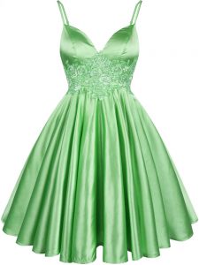 Elastic Woven Satin Spaghetti Straps Sleeveless Lace Up Lace Dama Dress in Green