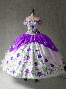 White And Purple Ball Gowns Embroidery and Ruffles Vestidos de Quinceanera Lace Up Organza and Taffeta Cap Sleeves Floor Length