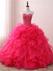 Perfect Sweetheart Sleeveless Lace Up Quinceanera Dress Hot Pink Organza