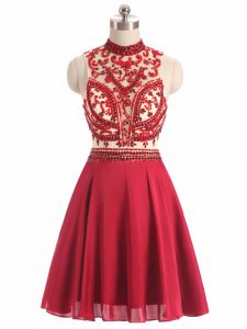 Red Prom Dresses Prom and Party and Military Ball with Beading Halter Top Sleeveless Backless