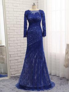 Luxurious Blue Tulle Zipper Prom Gown Long Sleeves Brush Train Lace