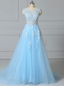 Fine Baby Blue Empire Tulle Scoop Sleeveless Lace Lace Up Prom Evening Gown Brush Train