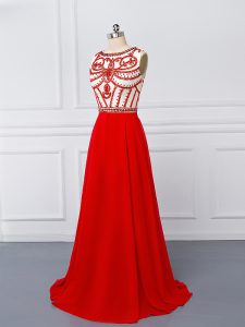 Custom Designed Scoop Sleeveless Prom Evening Gown Sweep Train Beading Red Chiffon
