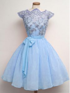 Latest Blue Chiffon Lace Up Scalloped Cap Sleeves Knee Length Quinceanera Court Dresses Lace and Belt