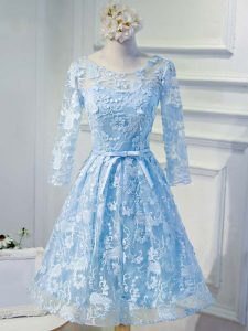 Classical Knee Length Baby Blue Prom Dresses Scoop Long Sleeves Lace Up